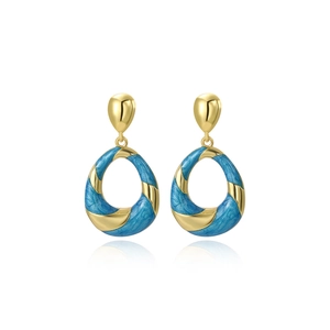 Vintage style gold and blue marbled enamel drop earrings with elegant twisted oval shape