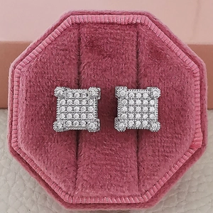Square micro-pave zircon stud earrings displayed in a pink velvet jewelry box