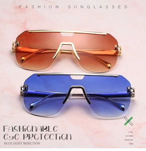 Dettaglio occhiali da sole alla moda con lenti graduate blu e ambra e montatura in metallo