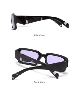 Detailansicht der violetten Gläser und schwarzen Marmorbügel der quadratischen Sonnenbrille