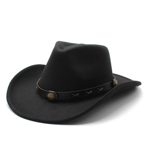 Classic black wool felt cowboy hat with brown leather band and metallic stud accents