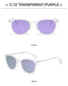 Detail view of oval kids sunglasses in transparent purple frame with metallic hinges