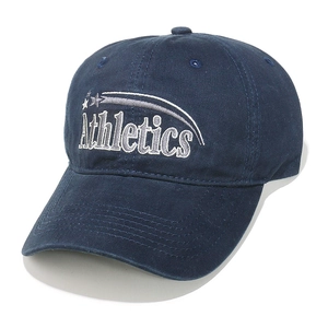 Detail of navy cotton baseball cap with silver Athletics embroidery and star pattern