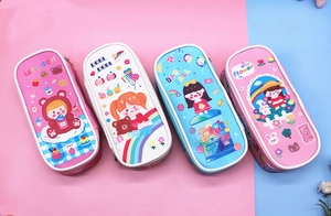 Detailed view of four colorful cartoon pencil cases with cute Japanese anime illustrations