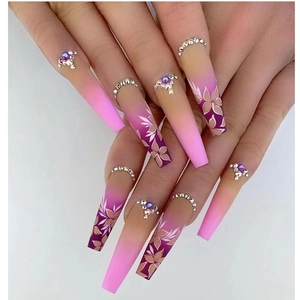Press On Nails Purple Gradient Floral Pattern Rhinestone Long Coffin Artificial Nails For Women