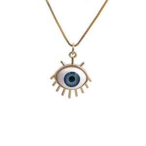 Golden Evil Eye pendant necklace with blue enamel and long eyelashes on box chain