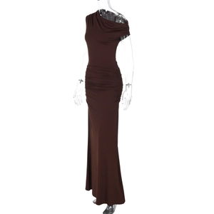 Detail of coffee brown one-shoulder dress featuring ruched waist and elastic texture