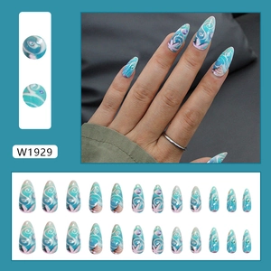 Blue ocean style long stiletto press on nails with shell and wave patterns 24pcs set