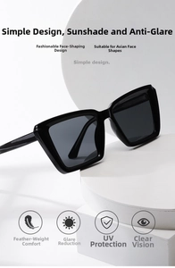 Detail of square black sunglasses with thick frames on minimalist geometric props