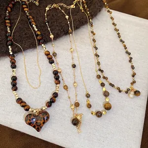 Tiger Eye Stone Necklace 18K Gold Plated Alloy Zircon Leopard Print Heart Gourd Pendant Retro Clavicle Chain Women