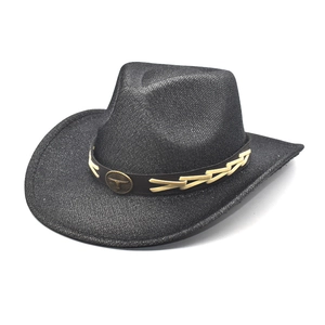 Black western cowboy hat with wide brim, brown decorative band and metal bull head emblem