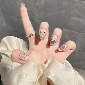 Chic long square press-on nails with cream plaid, colorful graffiti and rhinestones