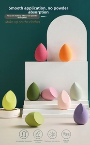 Close-up of colorful makeup sponge set with various shapes on a modern dark green display