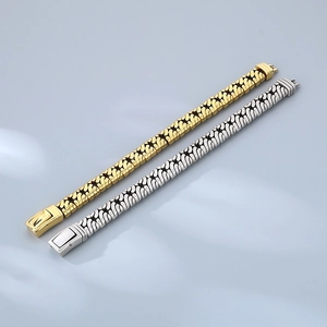 Men's retro woven chain bracelets in gold and silver finish with secure fold-over clasps