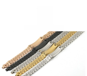 Detail of PVD plated stainless steel watch bands in gold, black, silver and rose gold