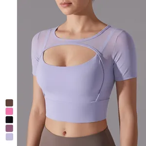 Women Short Sleeve Yoga Top Mesh Stitching Cutout Cropped Sports T-Shirt Tight Breathable Fitness Workout Top