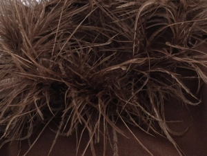 Macro shot of fluffy brown ostrich feather texture on halter neck fashion dress