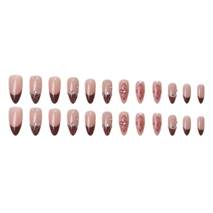 24pcs long almond press-on nails with burgundy French tips and rhinestone floral designs