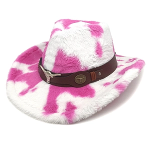 Pink and white cow print plush western cowboy hat with a metal bull head buckle decor