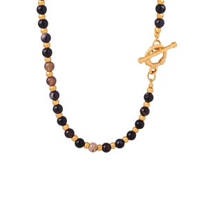 Vintage Black Onyx Beaded Necklace With Gold Titanium Steel Toggle Clasp Retro Court Style Jewelry For Women