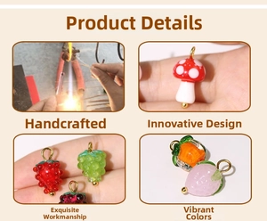 Detailed views of handmade glass fruit pendants including strawberry and mushroom charms