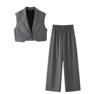 Gilet Court Sans Manches Et Pantalon Large Costume Mélange De Lin Bureau Navette Élégant Pour Femmes