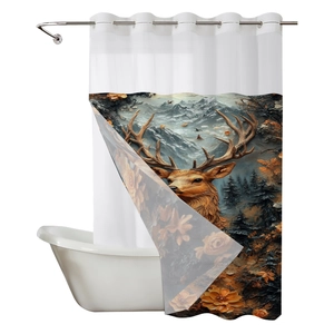 Hookless waffle shower curtain with moose and snow mountain forest art print