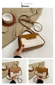 Détails du sac à main vintage en cuir marron et paille avec bandoulière réglable