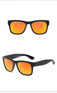 Macro detail of children's square sunglasses showing front and side view with red lenses