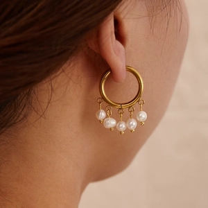 Elegant 18K gold plated stainless steel hoop earrings with five white freshwater pearls
