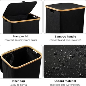 Foldable oxford laundry basket with bamboo handles and waterproof fabric design