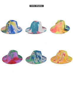 Multiple color options for tie-dye fedora hats with wide brim and jazz crown style