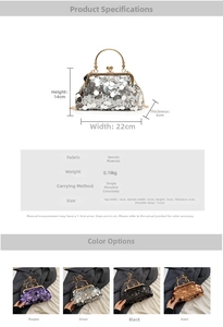 Detailed size chart for the sequin evening clutch bag showing 22cm width and 112cm strap