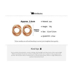 Detail view of twisted gold earrings with iron material and silver needles measurements