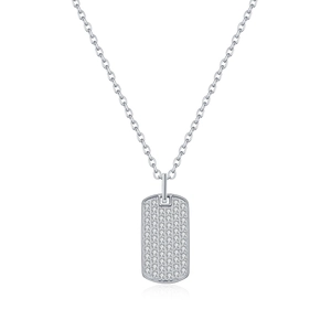 Minimalist S925 sterling silver necklace with rectangle moissanite pavé pendant on white background