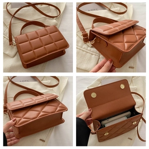Multiple views of a brown quilted crossbody bag with flap cover and magnetic closure