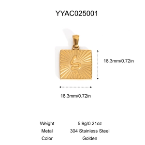 Vue détaillée du pendentif carré en acier doré de 18,3 mm avec gravure soleil et serpent