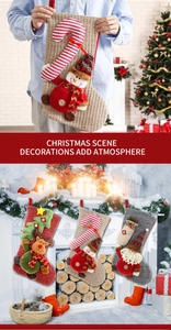 Three large knitted Christmas stockings with reindeer and snowman on a fireplace