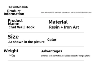 Specifications of the resin chef wall hook including iron material and 440g weight
