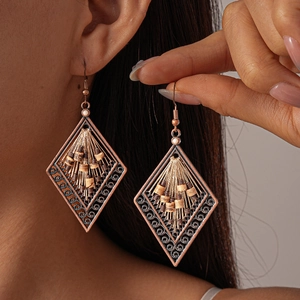 Vintage Ethnic Hollow Rhombus Alloy Earrings With Coconut Shell Beads Woven Geometric Hook Jewelry For Women Antique Gold