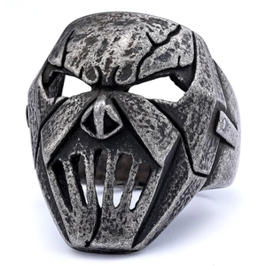 Anello a maschera gotico punk in argento vintage con trama dettagliata in acciaio inox