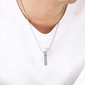 Minimalist silver stainless steel cylindrical pendant necklace for men with snake chain