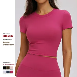 Women Slim Fit Short Sleeve Yoga T-Shirt Polyamide Spandex Printed Crew Neck Cropped Athletic Running Top For Gym Workout