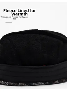 Detail shot of the warm thickened fleece lining inside this winter newsboy plaid cap
