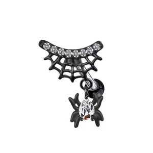 Gothic black spider web navel ring with sparkling white zircon stones for body piercing