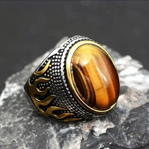 Retro Signet Ring Alloy Tiger Eye Stone Flame Pattern Vintage Punk Style For Men Unisex Jewelry