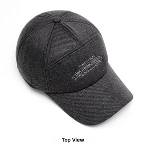 Detailed top view of dark grey baseball cap with high quality embroidery on twill fabric