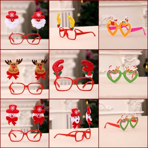 Detail of glitter fabric Christmas glasses frames with Santa, reindeer, and snowman designs