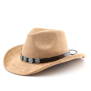 Khaki faux suede western cowboy hat with bohemian turquoise belt and curved brim