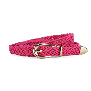 Pink woven belt for women with elegant oval golden metal buckle on white background